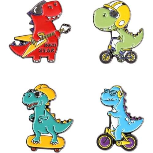 Cartoon Dinosaur Enamel Pin Cool Wind Guitar Skateboard Badges Brooches For Women Bag Backpack Accessories Gifts For Friends