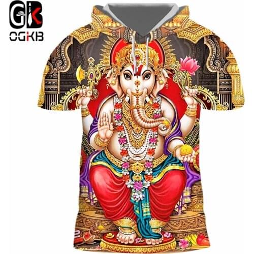 OGKB Hindu Ganesha Hooded T-shirts 3D Printed God Of Wisdom Ganesha Tshirt Men Women Short Sleeve Hip Hop Harajuku Tshirt