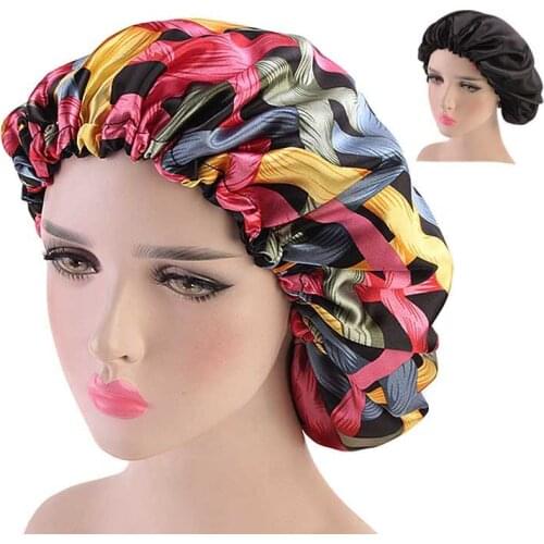 HanXi Plus Size Satin Bonnet Women Print Cancer Hat Unisex Faux Silk Head Beane with Elastic Buckle