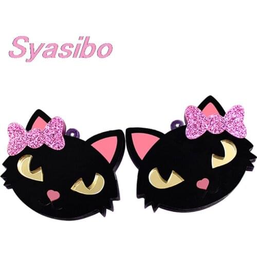 1pair) AC1661-43mm Acrylic Halloween Cat Head For Earring Black Cat With Bow Earrings Laser Cutout Acrylic Cat Head For Earring