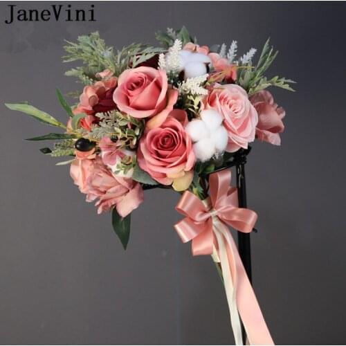 JaneVini Bruid Blush Pink Rose Bridal Bouquet Vintage Artificial Flowers Ribbon Bow Bride Wedding Bouquets Accesoire Mariage