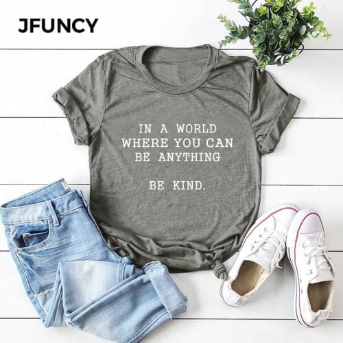 JFUNCY Plus Size Short Sleeve Woman Tshirt Bie Kind Letter Print T Shirt Women Casual Loose T-shirt Summer Tees 100% Cotton Tops