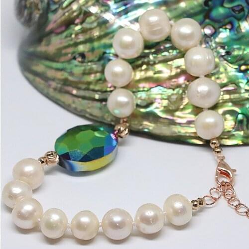 Casual/Sporty Unique White Natural Freshwater Pearl Round Beads 9-10mm Oval Crystal Diy Bracelet Jewelry 7.5inch B1407