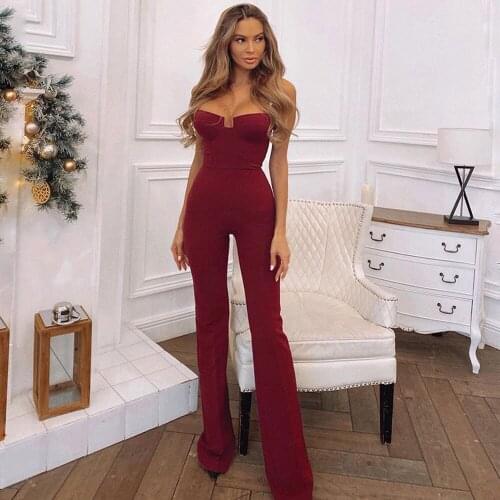 High Quality Women Red Black Sleeveless Pearl Spaghetti Straps Bandage Jumpsuits Elegant Sexy Backless Fashion Party Rompers Jum