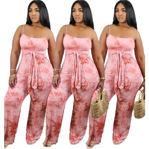 Sexy Women Spaghetti Straps Jumpsuit Loose Print Tie Dye Sleeveless Bandage Long Rompers jumpsuit women summer Overalls