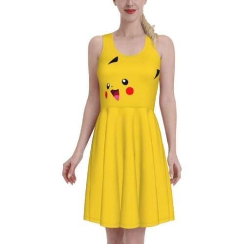 Summer 2021 Pika Women Dresses Sexy O Neck kawaii anime pokeball Print Beach Dress Sleeveless Sundress Robe
