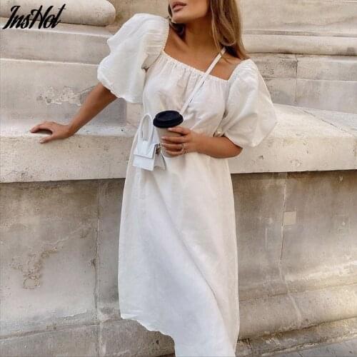Summer 100% Cotton Dress Woman Vintage Puff Sleeve A Line Dresses Off Shoulder High Waist Midi Dress White Sexy Dress 2021