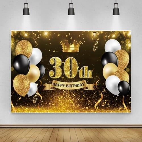 Laeacco 20 30 40th Birthday Party Banner Gold Crown Golden Glitter Polka Dots Ribbons Balloons Photo Backdrop Photo Background