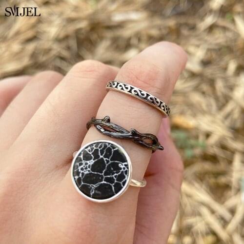 Vintage Statement Crystal Ring Boho Branches Jewelry Black Stone Round Rings for Women Geometric Leaf Ring anillos de boda