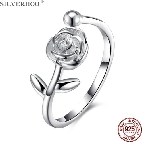 SILVERHOO 925 Sterling Silver Rings For Women Minimalist Rose Flower Open Adjustable Finger Ring Wedding Engagement Jewelry
