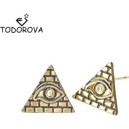 Todorova Vintage Mens Earrings Egyptian Egypt Pyramid All-Seeing Eye Illuminati Stud Earrings Geometric Triangle Jewelry