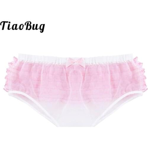 TiaoBug White Mens Lingerie Frilly Ruffle Lace Trim See Through Organza Sissy Briefs Sexy Men Underwear Gay Panties Underpants