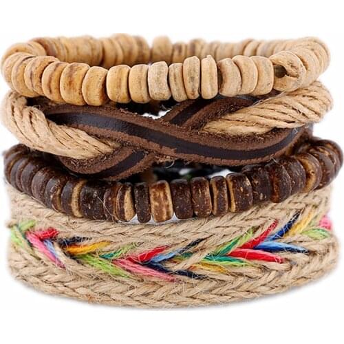 Handmade Vintage Hemp Rope Woven 4 Pcs/set Wood Beads Wrap Men Leather Punk Bracelets For Women Homme Femme Jewelry Accessories