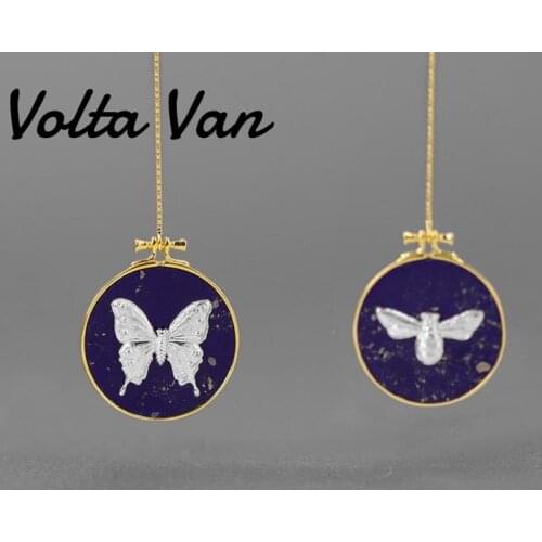 Volta Van 925 Sterling Silver Women Drop Earrings Pendientes Plata Different On Both Sides Bee Butterfly Elegant Lapis Earrings
