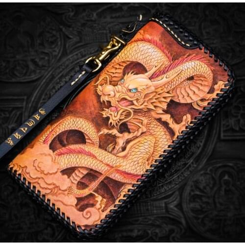 High-grade Handmade Carving Chinese Dragon Wallets Zipper Purses Men Long Clutch Vegetable Tanned Leather Wallet Card Holder