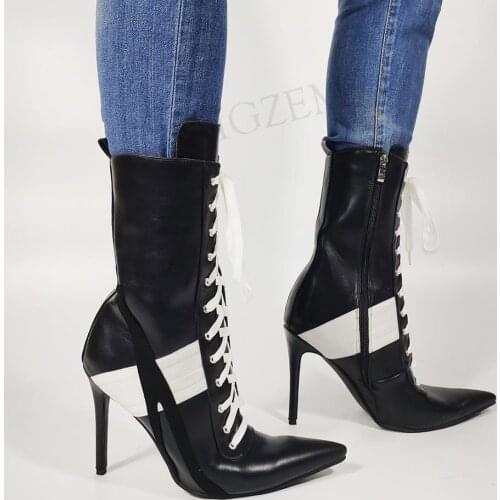 SEIIHEM Women Ankle Boots Side Zip Stiletto High Heels Short Boots Lace Up Ladies Dress Shoes Woman Botas Large Size 41 42 44 47