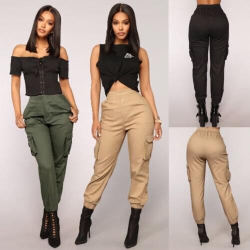 2018 New Stylish Womens Harem Cargo Solid Brief Army Green Trousers Cotton Pants Solid Punk Loose Long Sports