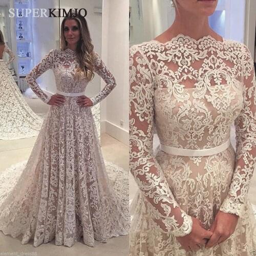 SuperKimJo Lace Applique Prom Dresses 2020 Long Sleeve Elegant White A Line Modest Prom Gown Vestidos Elegantes De Gala
