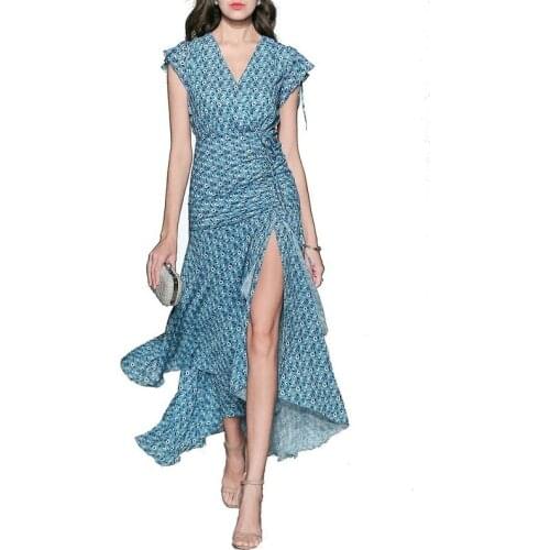 Summer Dress 2018 Women Sexy Deep V-Neck white Flower Print Dresses Hem Folds Bohemian Style belt Long Ruffle Beach Dress