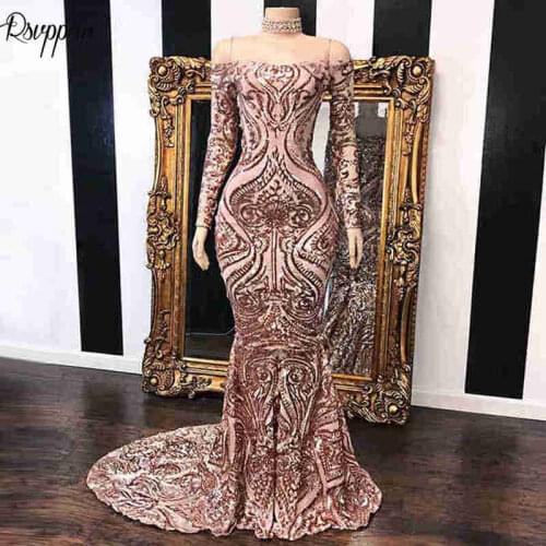 Long Sparkly Prom Dresses 2021 Charming Mermaid Long Sleeve Sequin African Mermaid Women Black Girl Prom Dress