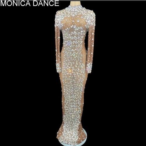Women Sexy Sparkly Silver Big Crystals Transparent Tan Color Dress Evening Birthday Celebrate Luxurious Costume Dancer Dress