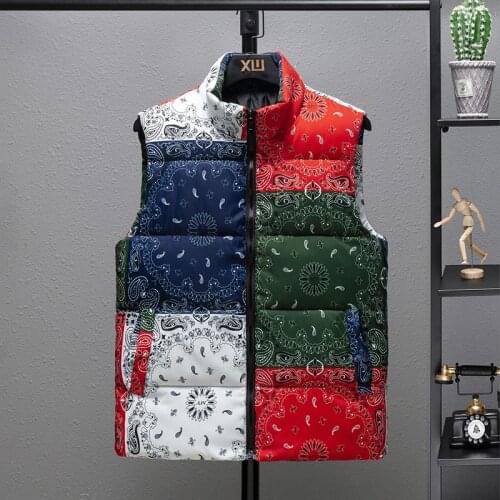 Winter Print Vest Jacket Men Harajuku Fashion Paisley Sleeveless Puffer Jacket Thick Warm Parka Mens Waistcoat Vest Clothing 5XL