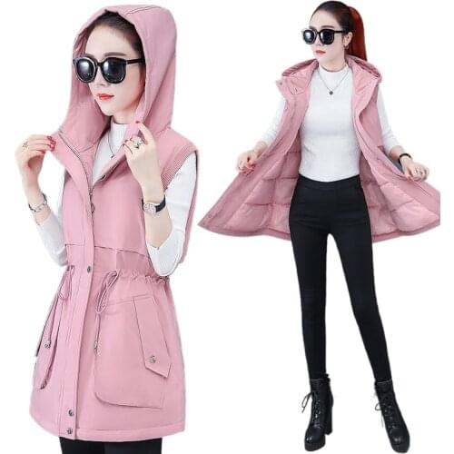 2021 Red High Quality Women Vests Winter Hooded Female Coats Zipper Cotton Long Jackets Slim Fashion Coat Plus Size 4XL
