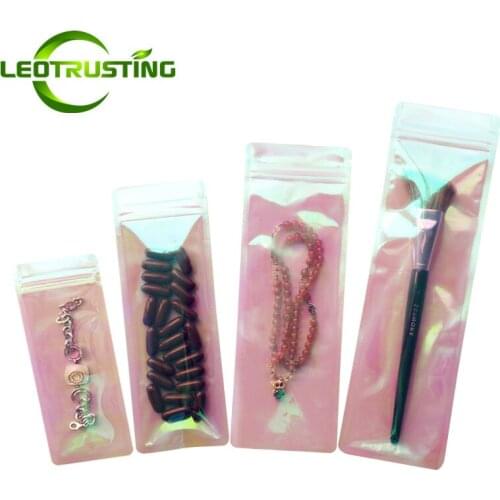 100pcs Gorgeous Long Laser Rainbow Zip Lock Pouches Bracelet Necklace Jewelry Data Line Nail Eyelash Brush Cosmetic Pencil Bags