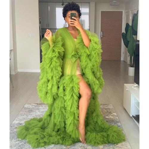 2020 Green Tulle Maternity Robes Women Sheer Long Maxi Photoshoot Fluffy Tiered Tulle Robe Formal Event Overlay Dress