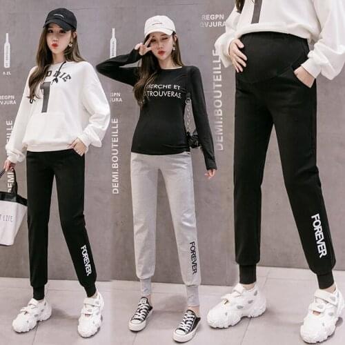 908# Maternity Pants Spring Autumn Cotton Casual Pants Loose Comfy Belly Support Pants Letter Printing Maternity Trousers