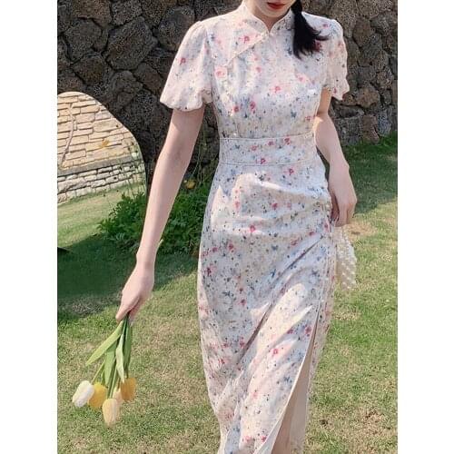 Bella 2021 Elegant Print Floral Dress Women Sexy Vintage Sweet Dress Puff Sleeve Casual Party Split Qipao Dress Summer Cheongsam
