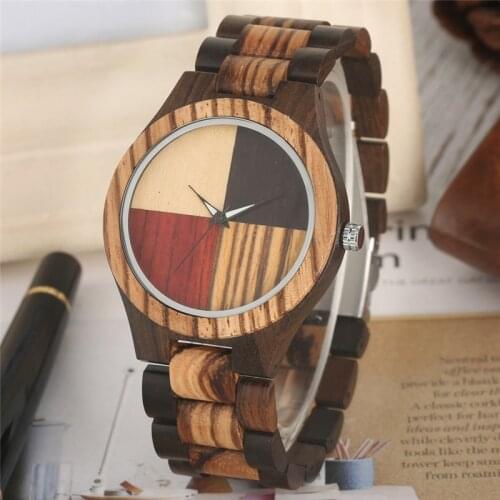 Creative Sandalwood Watch Mens Wooden Quartz Analog Wristwatch Colorful Bamboo Bracelet Strap Mixed Color Dial Timepiece Gift