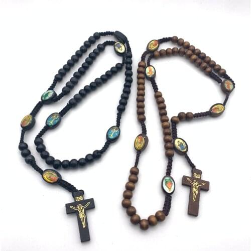 Wooden Beads Weaving Jerusalem Religious Catholic Jewelry Cross Jesus Rosary Necklace