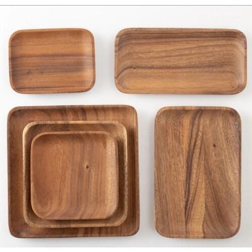 Square Solid Wood Pan Plate Cake Fruit Dishes Saucer Dessert Dinner Bread Pizza Rectangle Round Plate MilCoffee Tea tray Storage