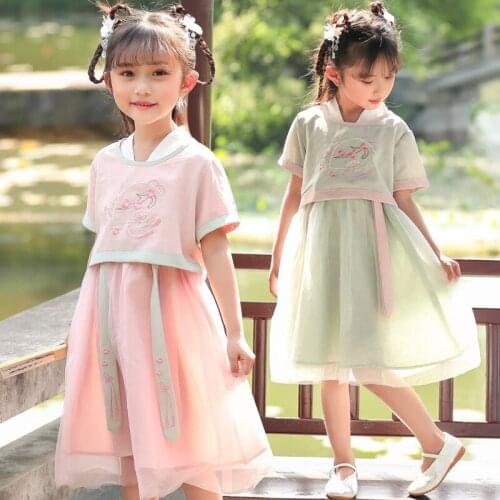 Chinese Ancient Clothes Girls Daily Hanfu Summer Tang Dynasty Suit 2pcs Pink Hanfu Folk Dress Hanfu Dance Costume Kids SL1011