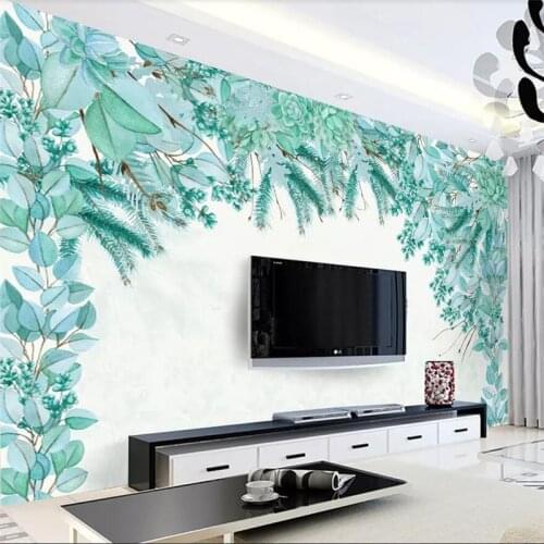 Beibehang Fresh mint green hand painted watercolor floral background wall custom large mural green wallpaper papel de parede