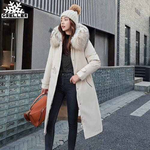 GRELLER Loose Long Winter Coat Women Large Fur Collar Thick Warm Wadded Fashion Jacket Hooded Women Clothes Winter Ladies Parkas