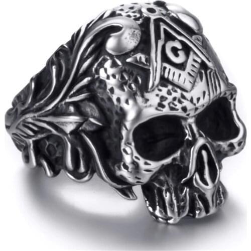 Elfasio Cool Gothic Skull Rings For Mens Stainless Steel Vintage Masonic Punk Biker Jewelry Gift For Him Size 8-13