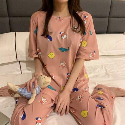 Summer Pajamas Set Short Sleeved Cartoon Cotton Sleepwear Womens Pajamas M-2XL Size Pyjamas Loose Comfort Plaid Pijama Mujer