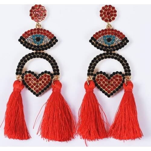 Fashion Tassel Long Dangle Earrings Women Luxury Crystal Rhinestone Evil Eyes Large Drop Earrings Boho Ethnic Big Fringe Earring