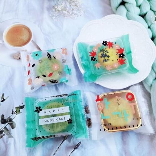 NICEFurniture 100 Pcs Frosted Flower Pattern Moon Cake Bags Plastic Cookie Candy Bag Mid-Autumn Festival Mooncake Packaging Bag