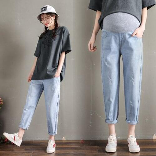 Washed Stretch Denim Maternity Jeans Elastic Waist Belly Loose Pants Clothes for Pregnant Women 9/10 Pregnancy Trousers