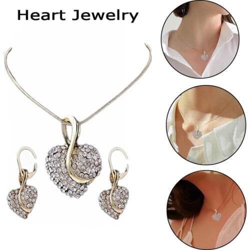 Romantic Crystal Heart Shape Chain Necklace Earrings Sets Luxury Jewelry Wedding Jewelry Valentines Gift For Women