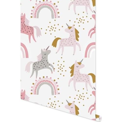 Peel And Stick Cartoon Wallpaper Cute Unicorn Rainbow Pink/Grey Self-Adhesive Wall Stickers For Kidroom Home Decor Easy To Paste