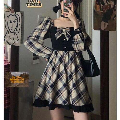 Gothic Lolita Dress England Style Women Cute Square Collar Vintage Plaid Bow Mini Dress Girl Sweet Puff Sleeve Punk Party Dress