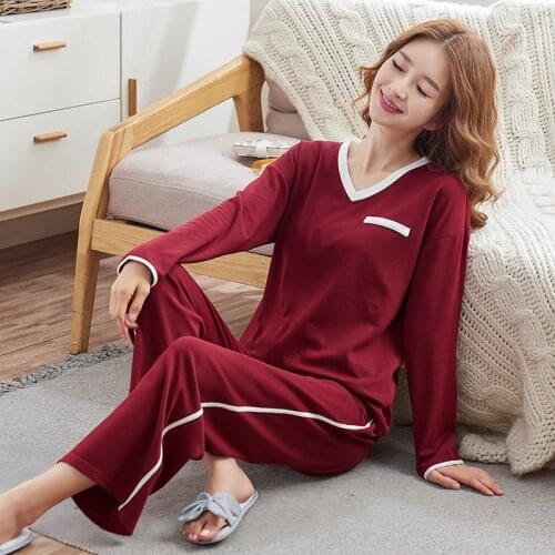 Spring and autumn pure cotton pajamas female long sleeves Korean version of leisure pure color two-piece suit simple home clothe
