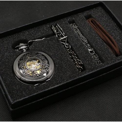 Vintage Black Classic Hollow Stainless Steel Skeleton Mechanical Hand Wind Pocket Watch Pendant Chain Luxury Clock+Gift Box Bag
