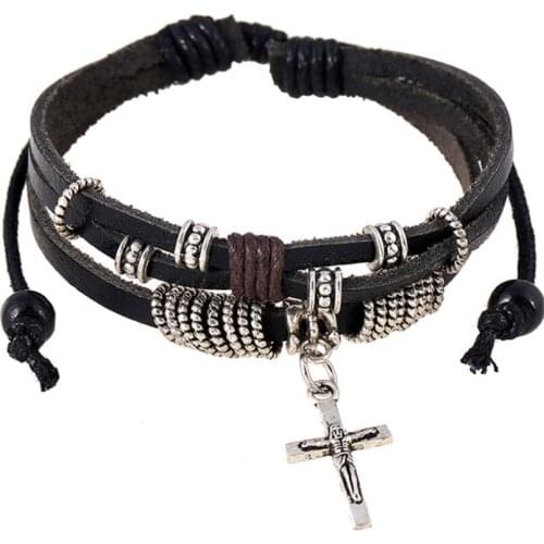 Vintage Fashion Cross Black Brown Bracelet Multilayer Leather JESUS Beads Retro Handmade Charm Bangle Wristbands Unisex Jewelry
