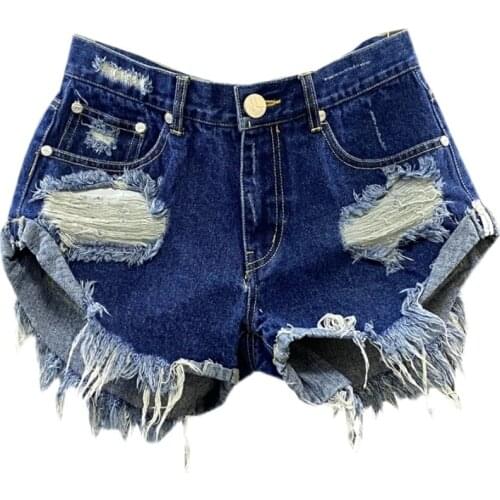 Ripped denim shorts women summer 2021 new personality low waist style ripped fringe edge A-line shorts