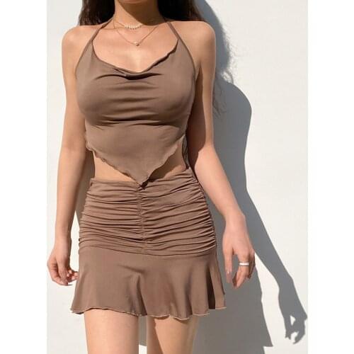 Womens Sexy Halter Lace-up Sleeveless Crop Top Bodycon Ruched Ruffle Elastic Waist A-line Pleated Mini Skirts Y2K Streetwear